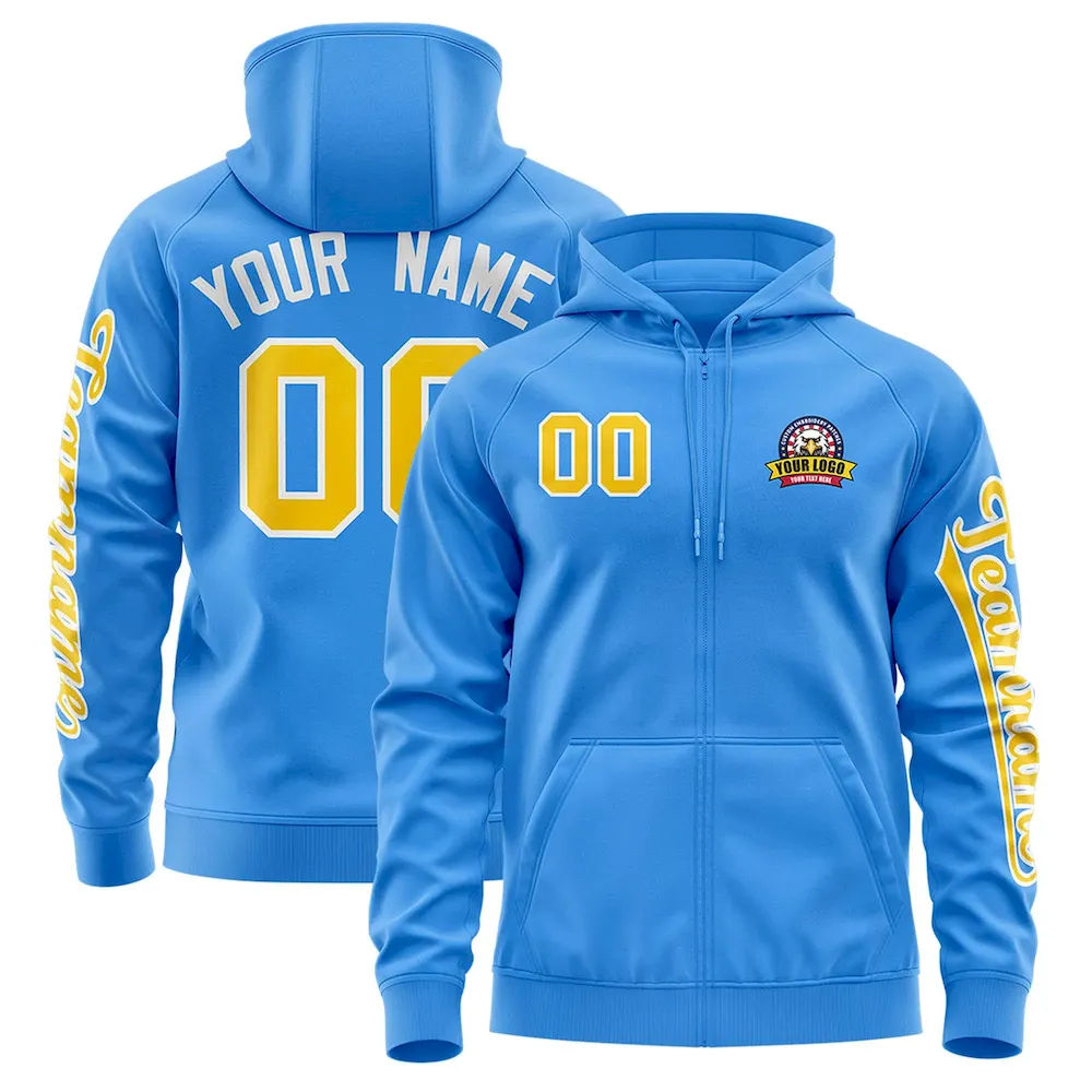 Custom Powder Blue Gold Varsity Full-Zip Letterman Classic Jacket Hoodie