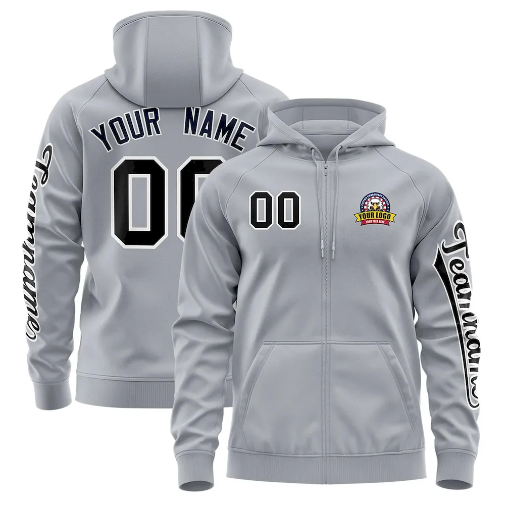 Custom Gray Black Varsity Full-Zip Letterman Classic Jacket Hoodie