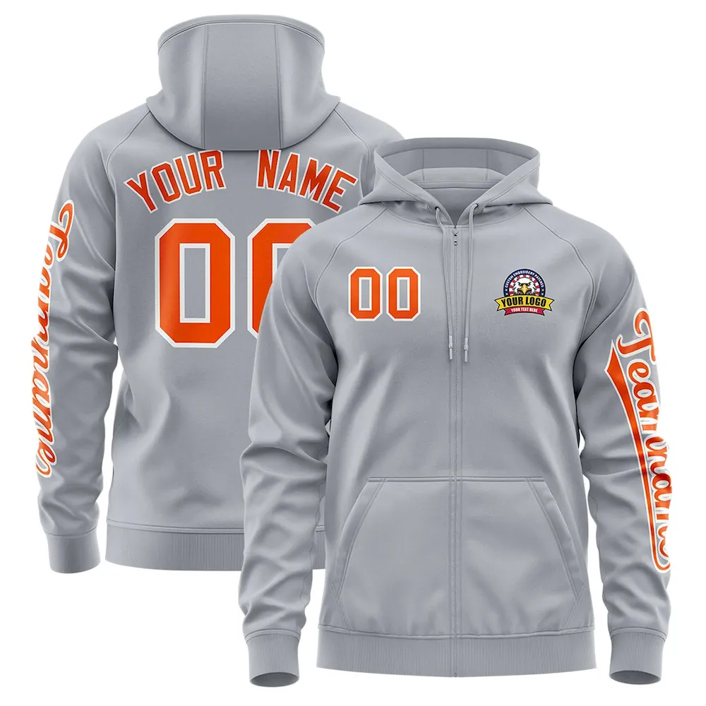 Custom Gray Orange Varsity Full-Zip Letterman Classic Jacket Hoodie