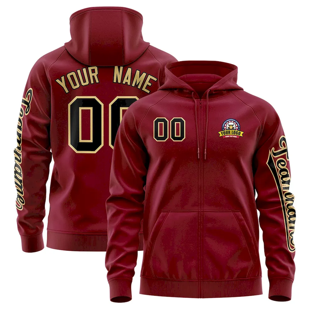 Custom Crimson Black Varsity Full-Zip Letterman Classic Jacket Hoodie