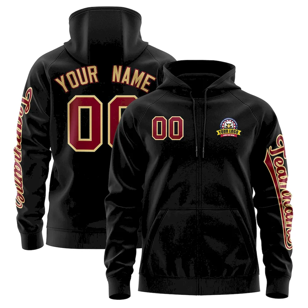 Custom Black Crimson Varsity Full-Zip Letterman Classic Jacket Hoodie
