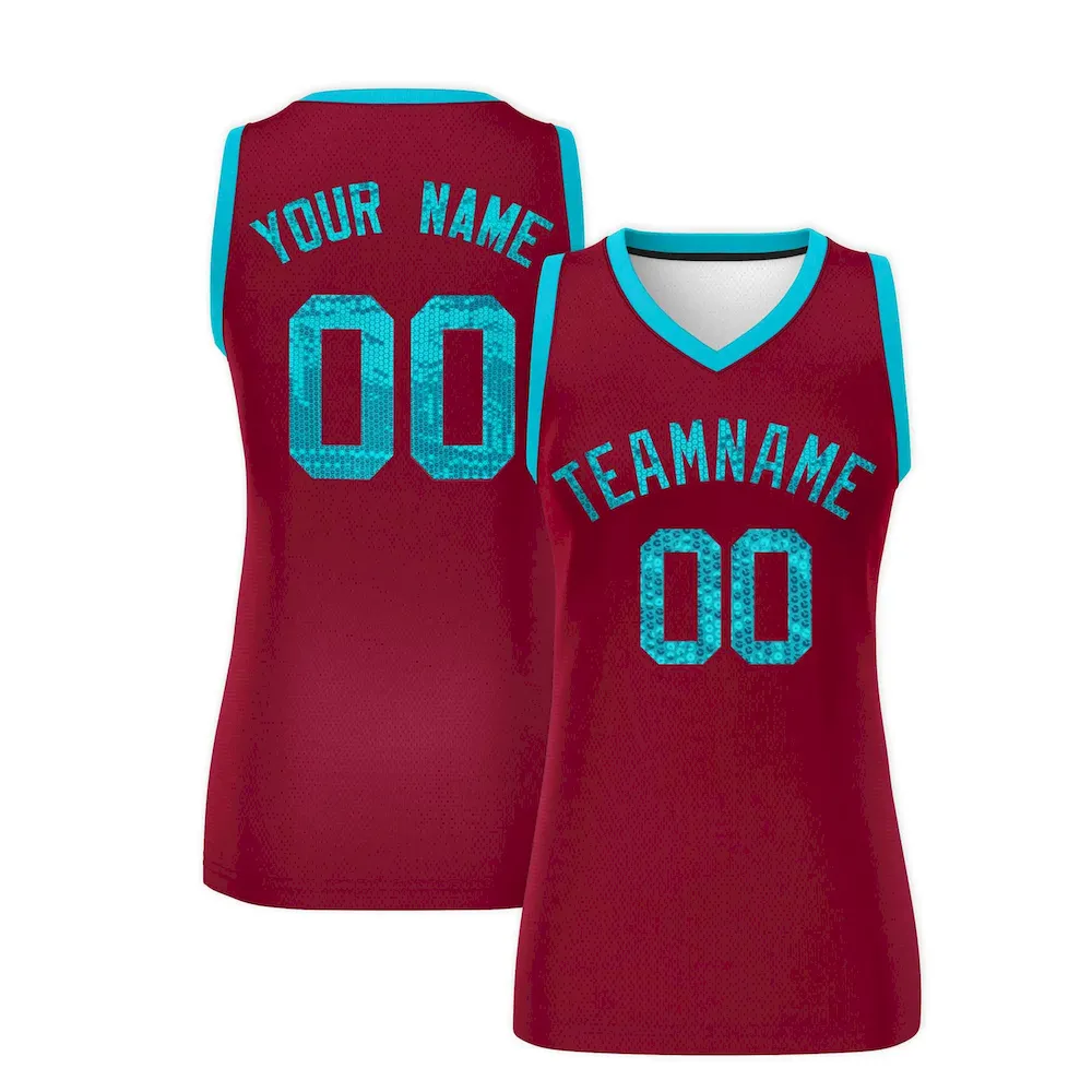 Custom Crimson Sky Blue Women Basketball Jersey Sequined Dress