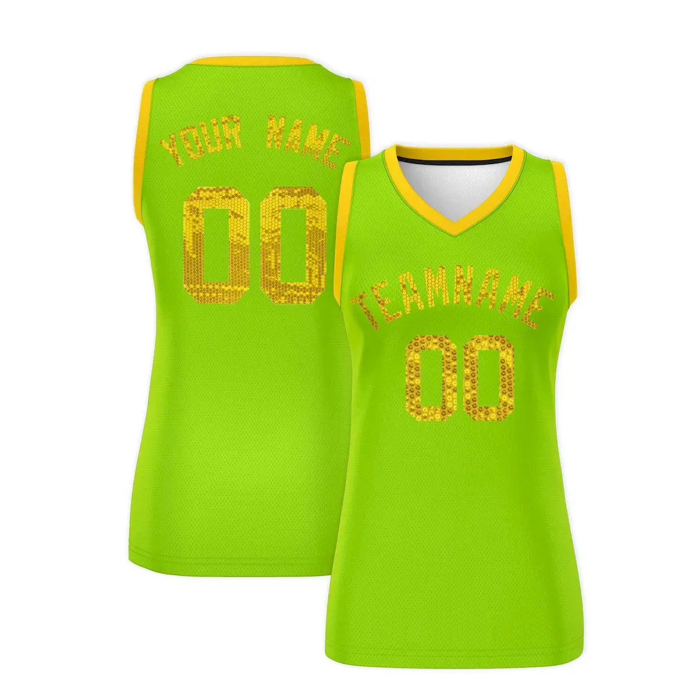 Custom Neon Green Sky Blue Women Basketball Jersey Sequined Dress