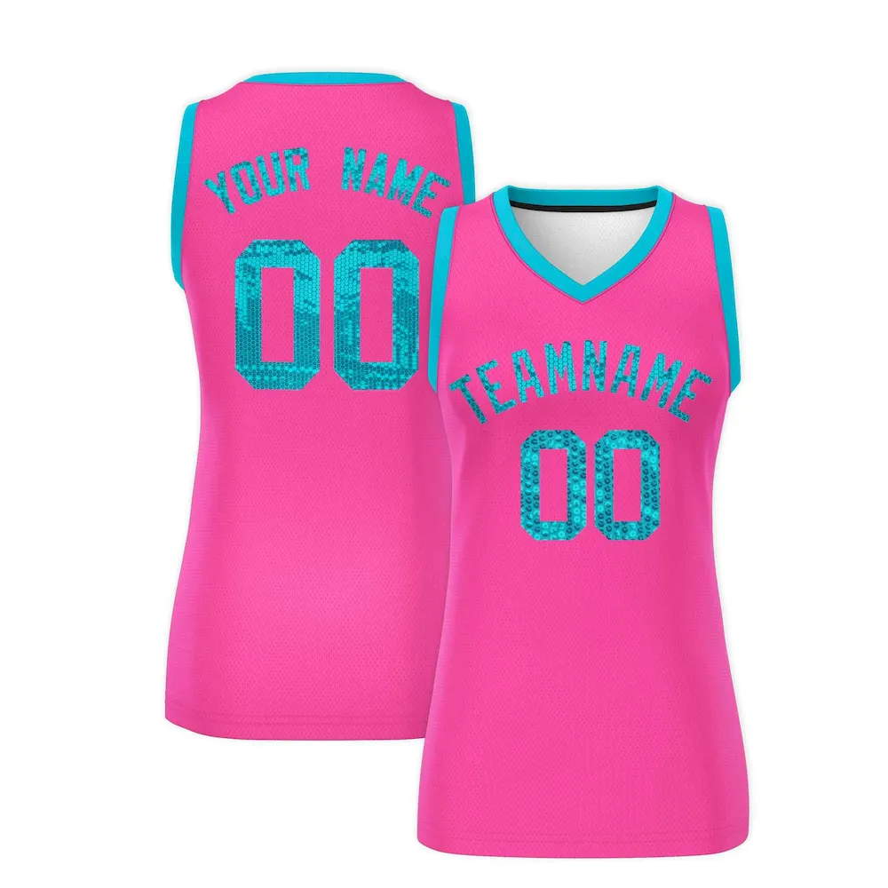 Custom Pink Sky Blue Women Basketball Jersey Sequined Dress