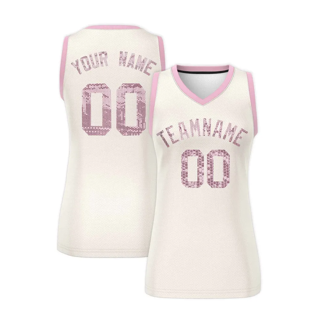 Custom Cream Light Pink Women Basketball Jersey Sequined Dress