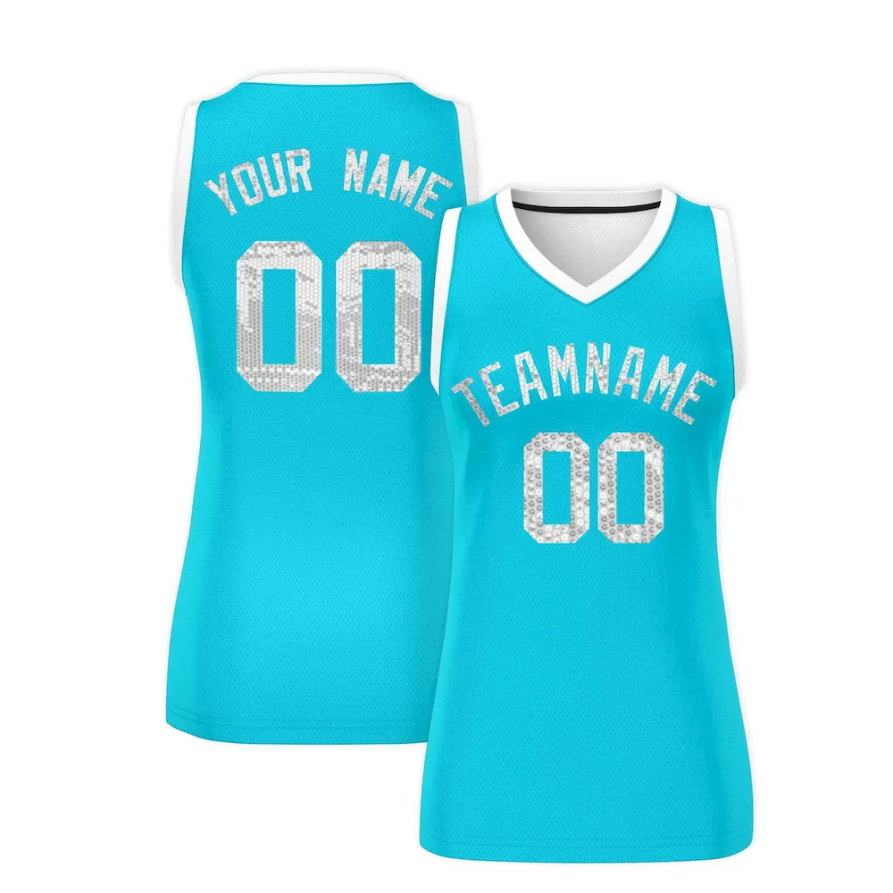 Custom Sky Blue White Women Basketball Jersey Sequined Dress