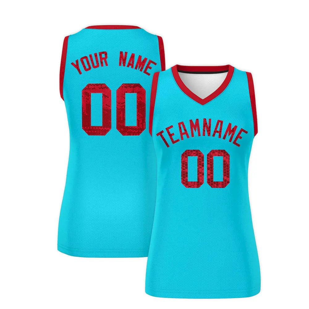 Custom Sky Blue Red Women Basketball Jersey Sequined Dress