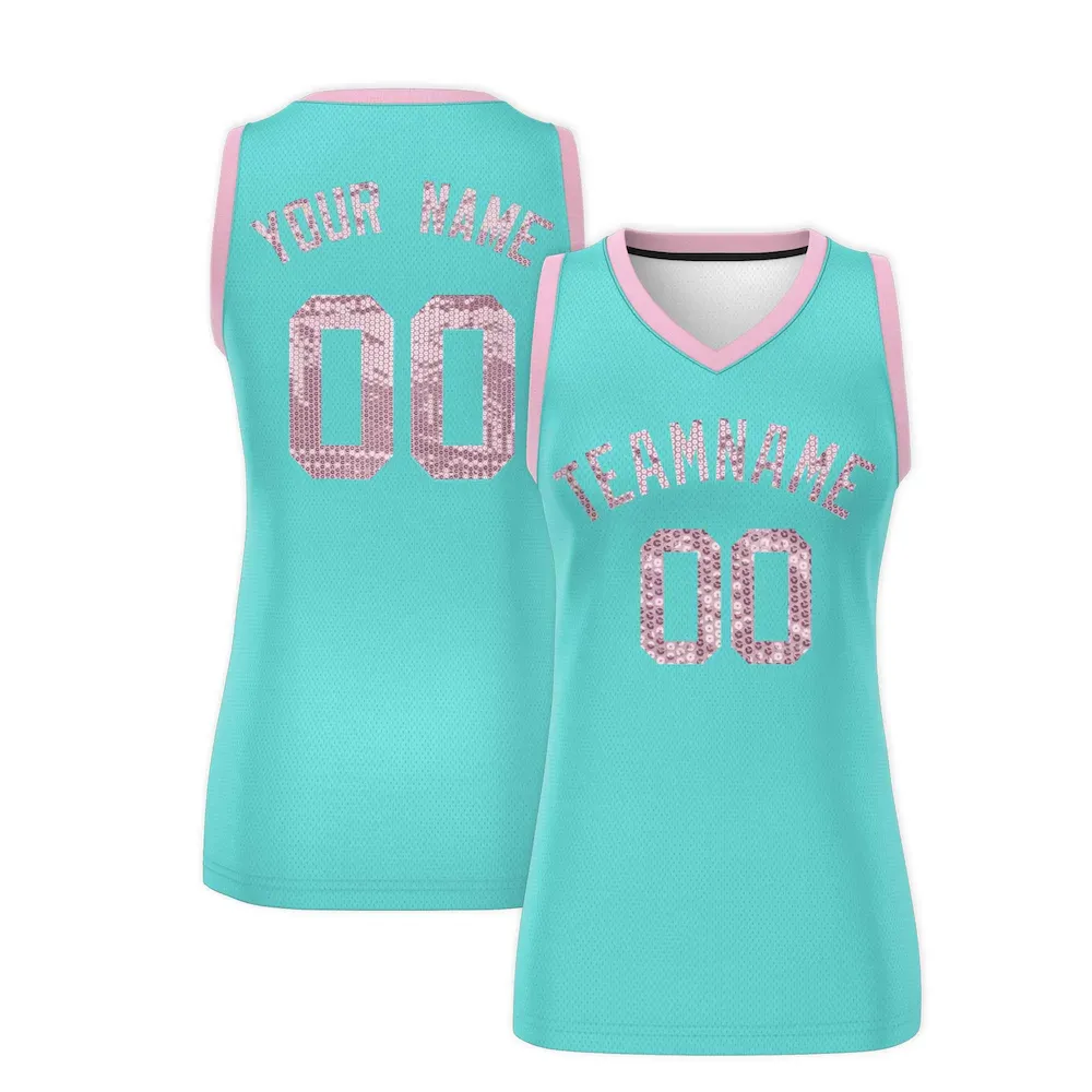 Custom Bright Green Pink Women Basketball Jersey Sequined Dress