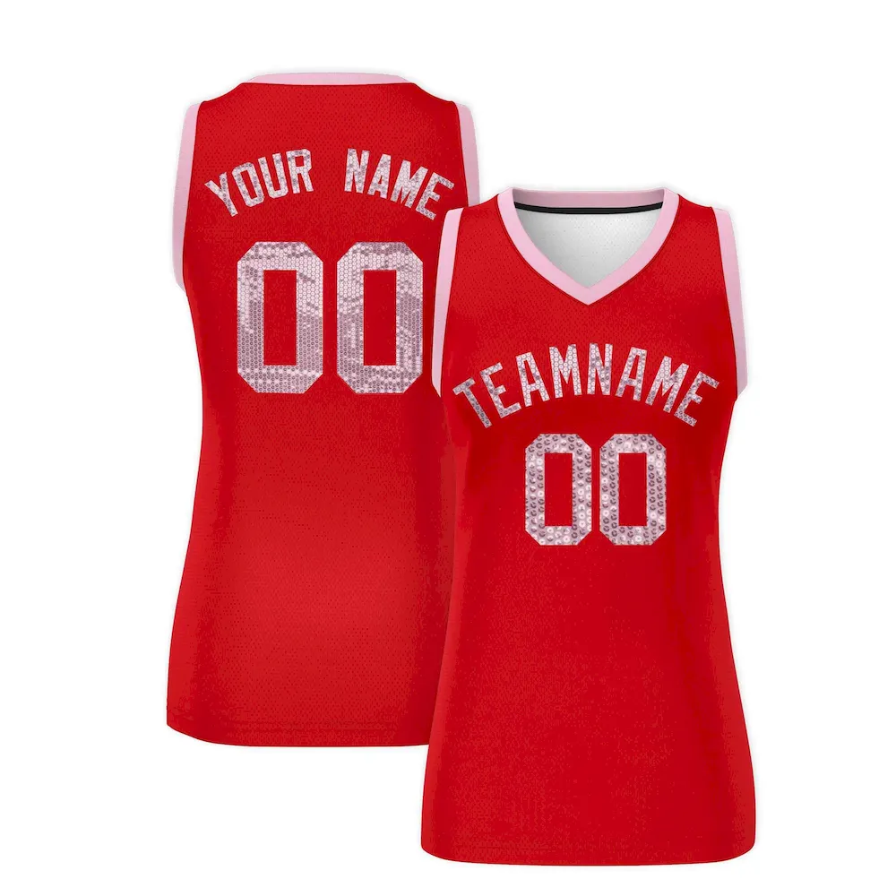 Custom Red Light Pink Women Basketball Jersey Sequined Dress