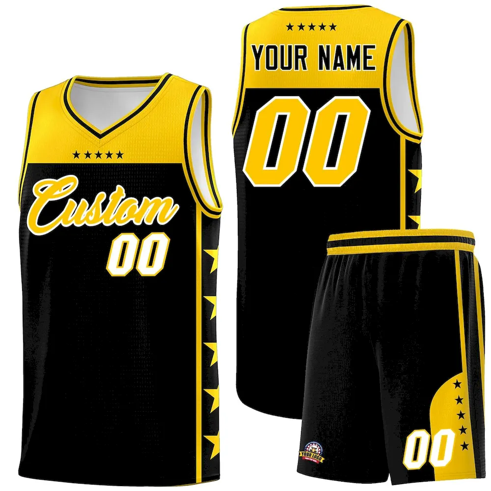 Custom Black Yellow Personalized Star Pattern Sports Uniform Basketball Jersey