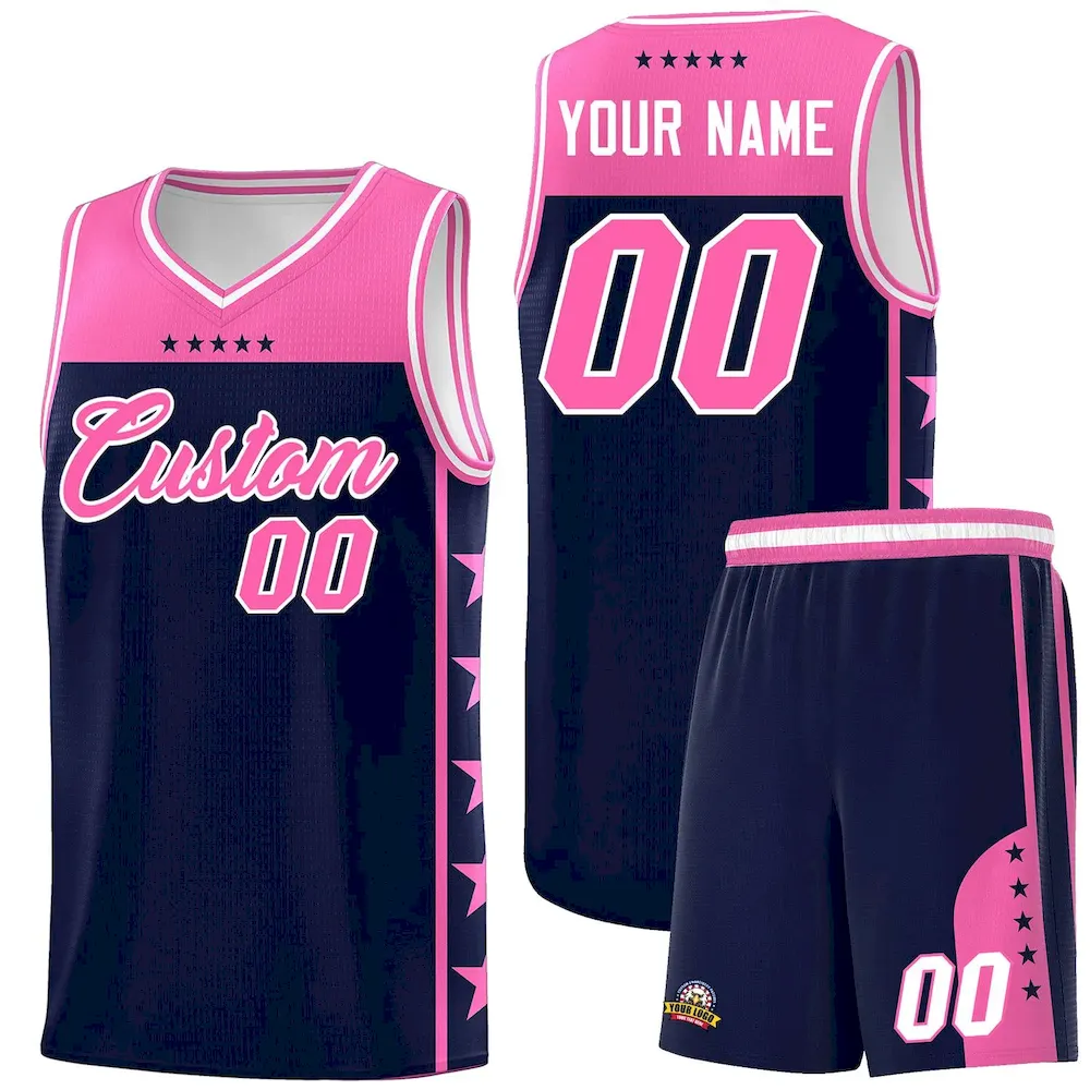 Custom Navy Pink Personalized Star Pattern Sports Uniform Basketball Jersey