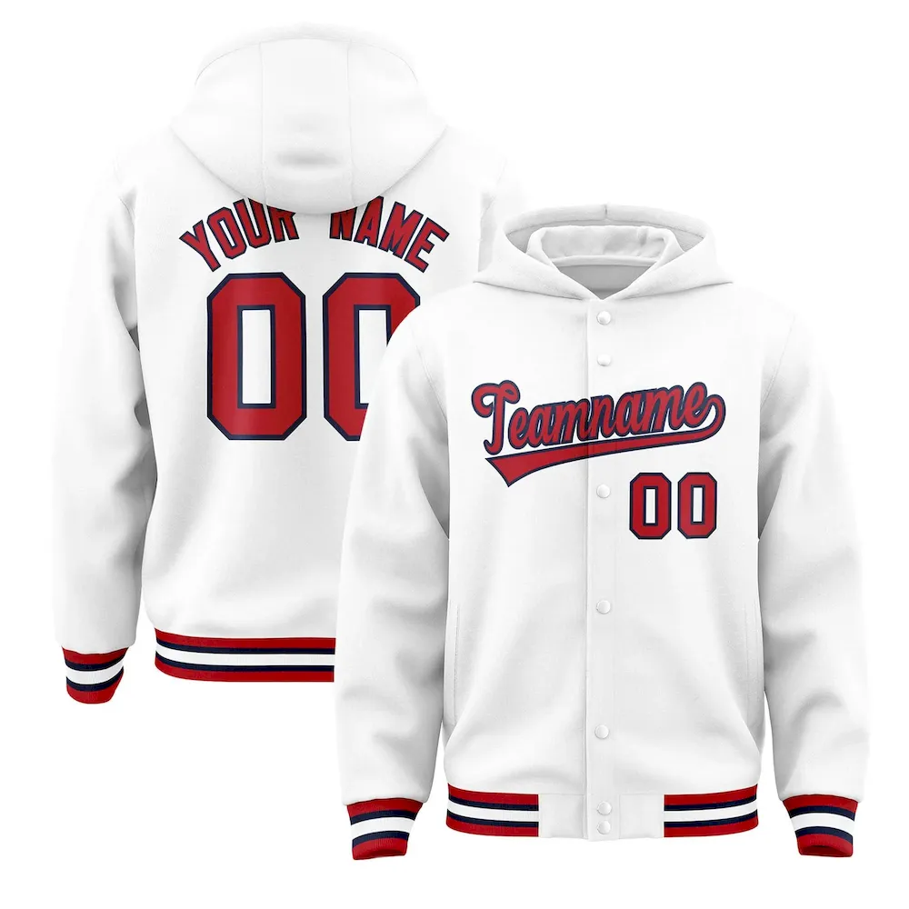 Custom White Red-Navy Varsity Full-Snap Letterman Classic Jacket Hoodie