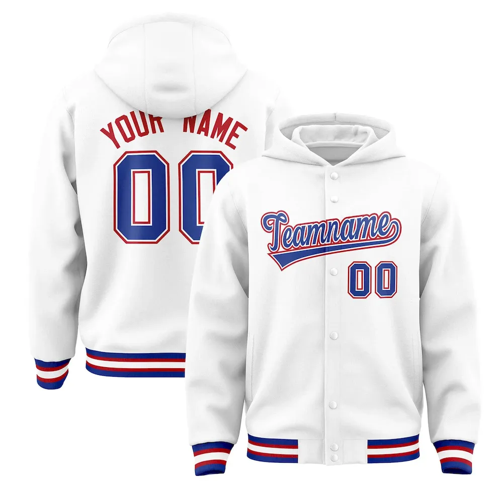 Custom White Royal-White Varsity Full-Snap Letterman Classic Jacket Hoodie