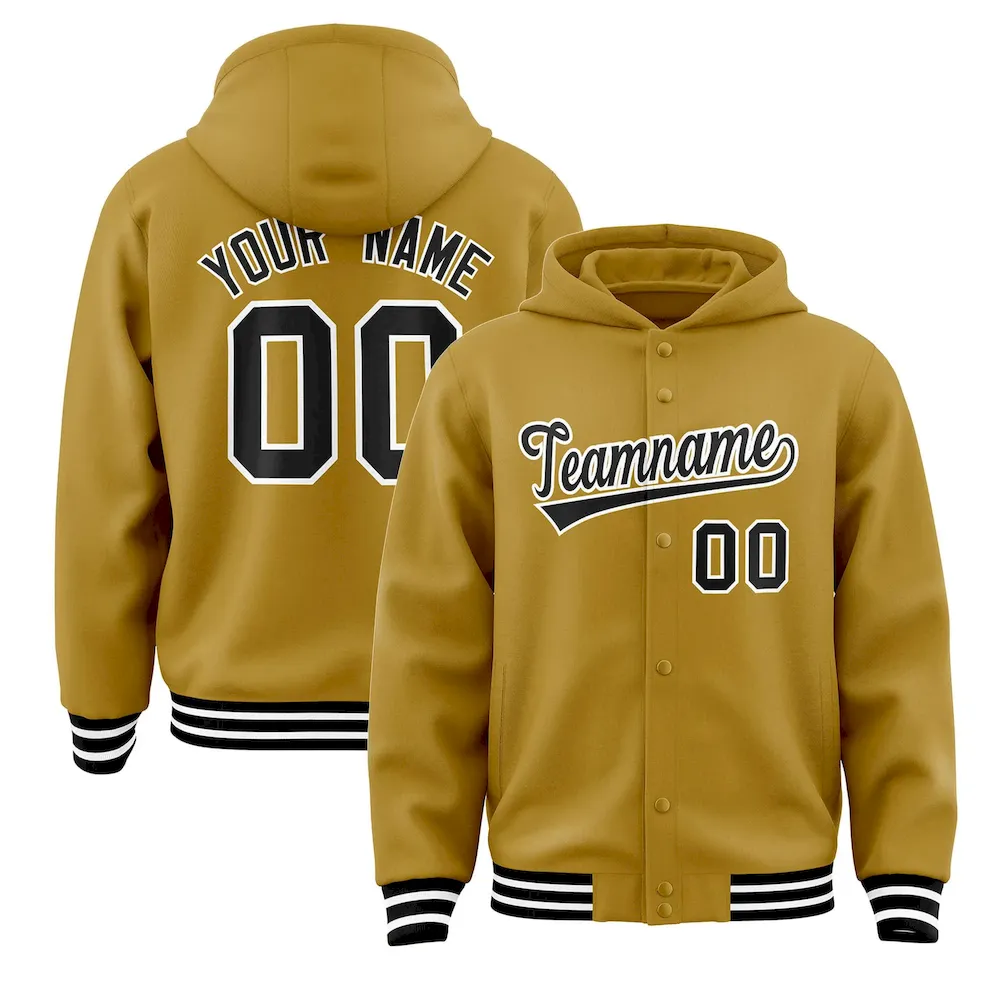 Custom Old Gold Black-White Varsity Full-Snap Letterman Classic Jacket Hoodie