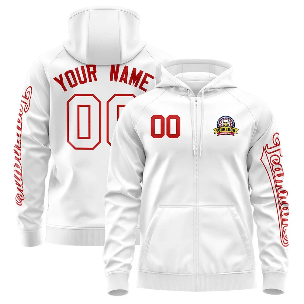 Custom White Red Varsity Full-Zip Letterman Classic Jacket Hoodie