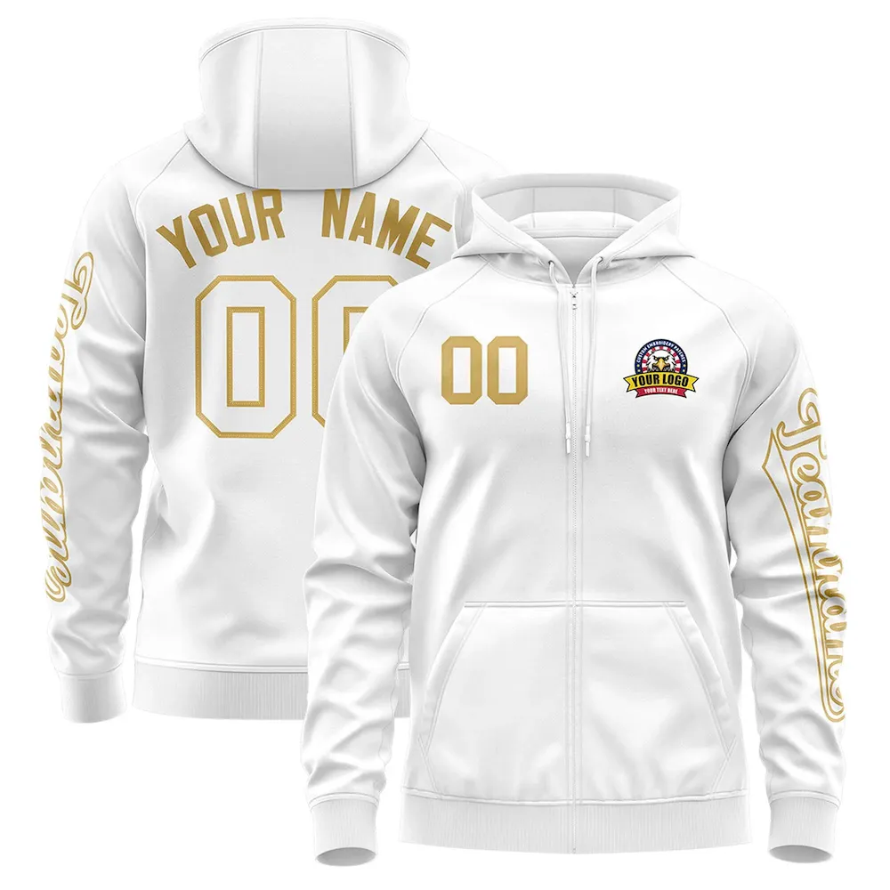 Custom White Old Gold Varsity Full-Zip Letterman Classic Jacket Hoodie