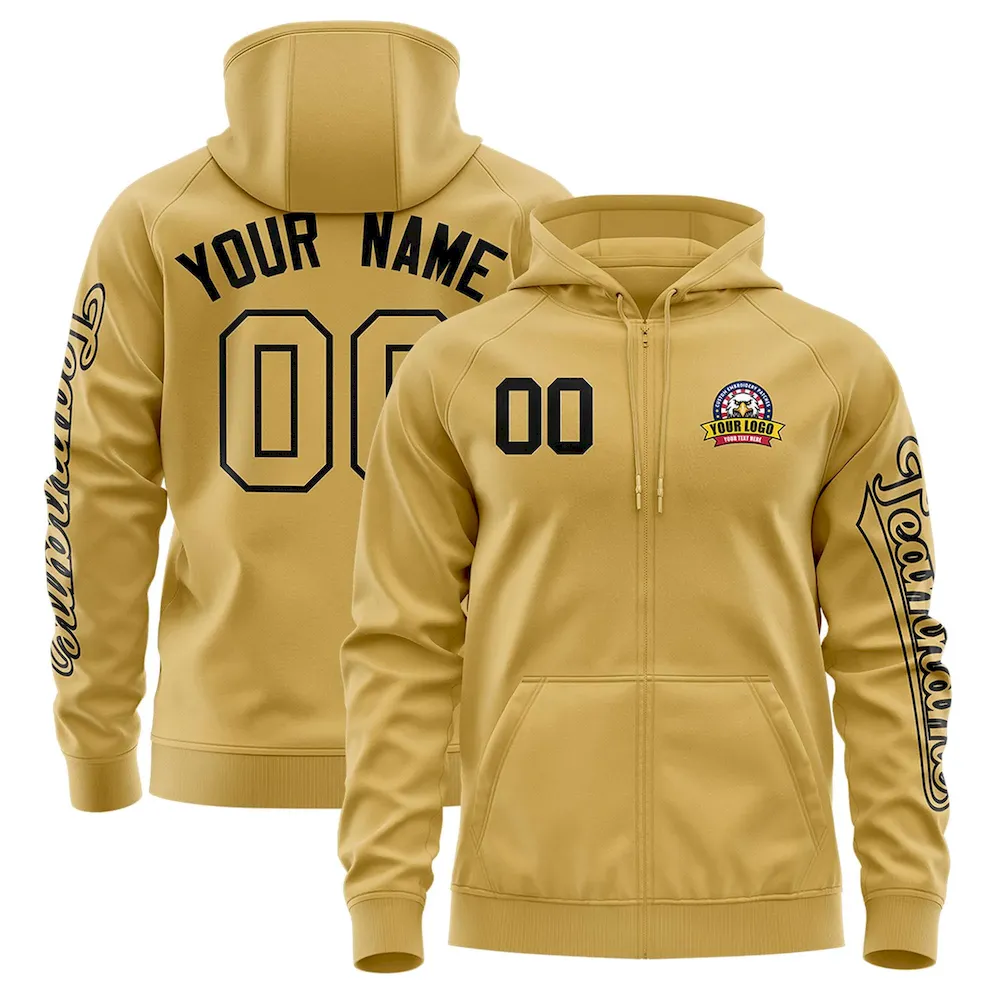 Custom Old Gold Black Varsity Full-Zip Letterman Classic Jacket Hoodie