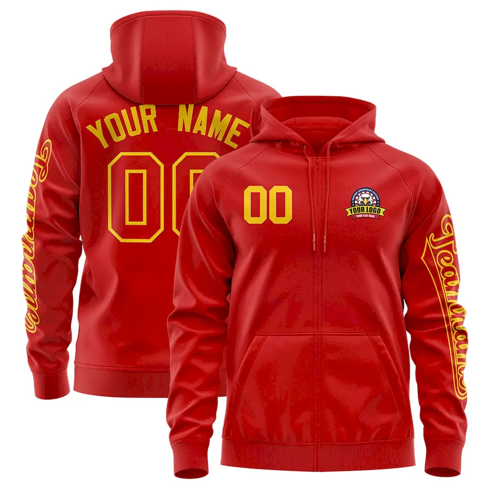 Custom Red Gold Varsity Full-Zip Letterman Classic Jacket Hoodie