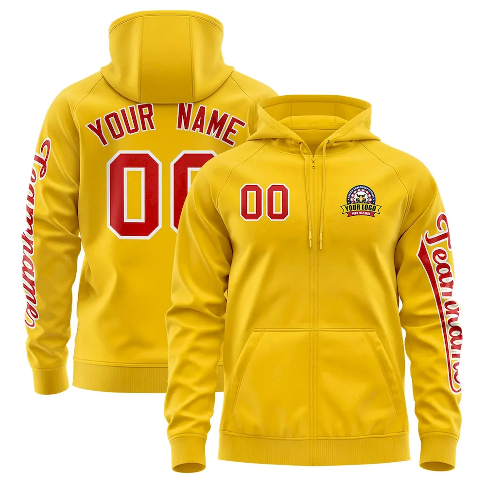 Custom Gold Red Varsity Full-Zip Letterman Classic Jacket Hoodie