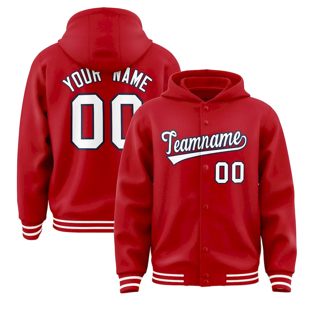 Custom Red White-Navy Varsity Full-Snap Letterman Classic Jacket Hoodie