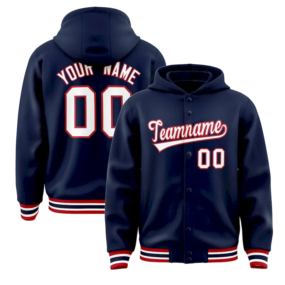 Custom Navy White-Red Varsity Full-Snap Letterman Classic Jacket Hoodie