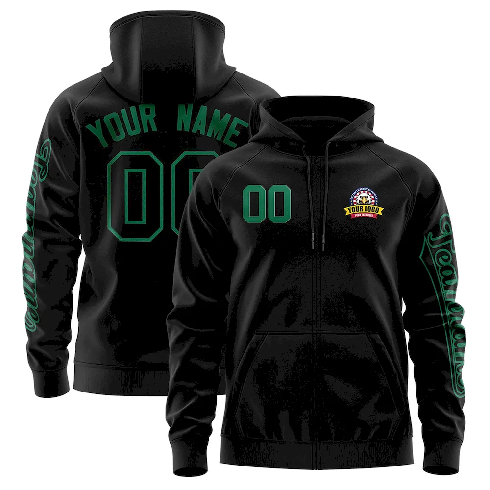 Custom Black Kelly Green Varsity Full-Zip Letterman Classic Jacket Hoodie