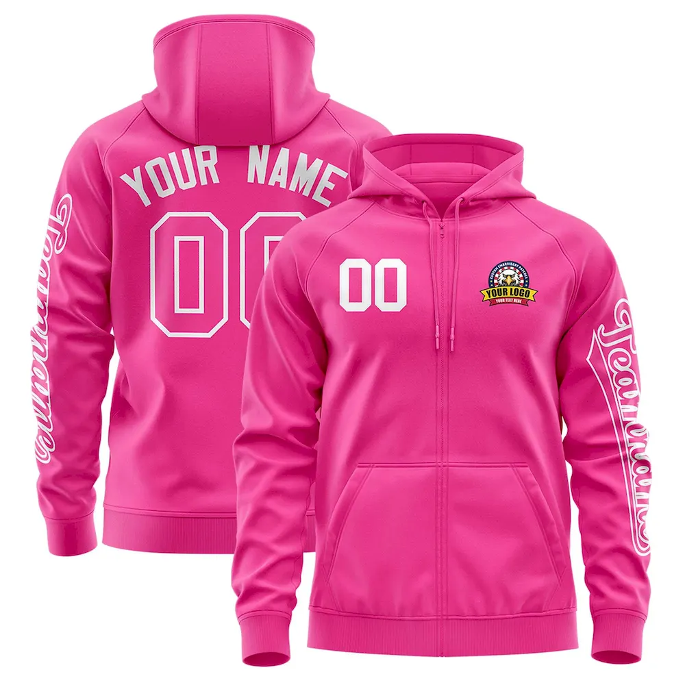 Custom Pink White Varsity Full-Zip Letterman Classic Jacket Hoodie