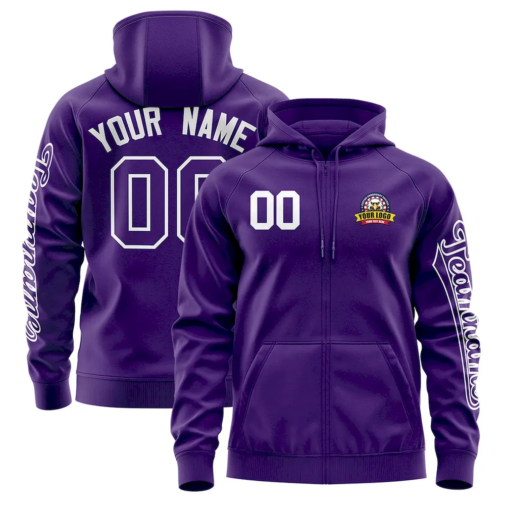Custom Purple White Varsity Full-Zip Letterman Classic Jacket Hoodie