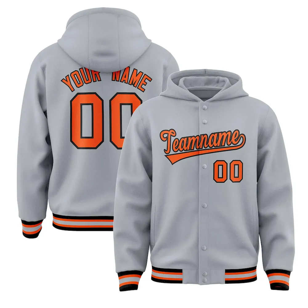 Custom Gray Orange-Black Varsity Full-Snap Letterman Classic Jacket Hoodie