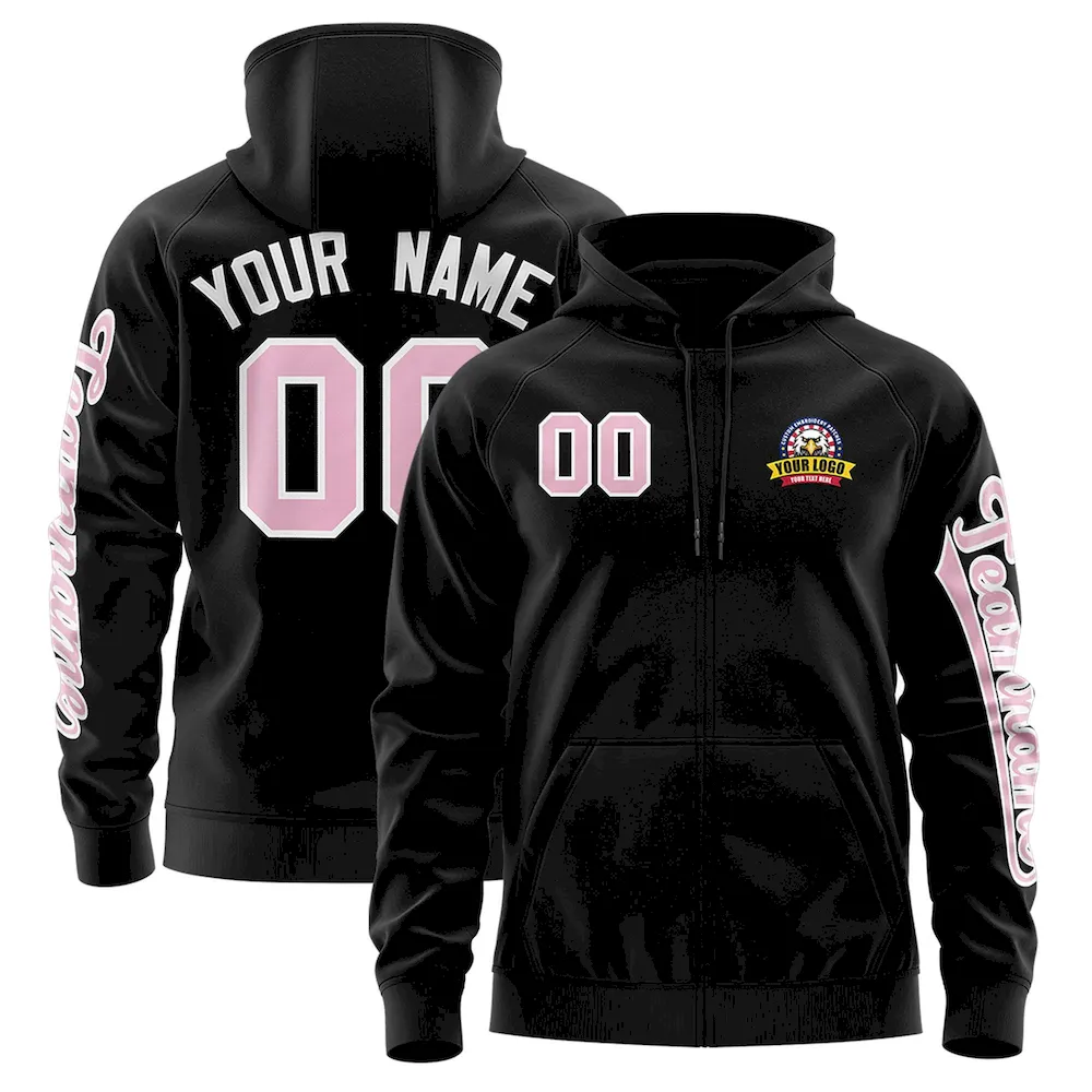Custom Black Light Pink Varsity Full-Zip Letterman Classic Jacket Hoodie