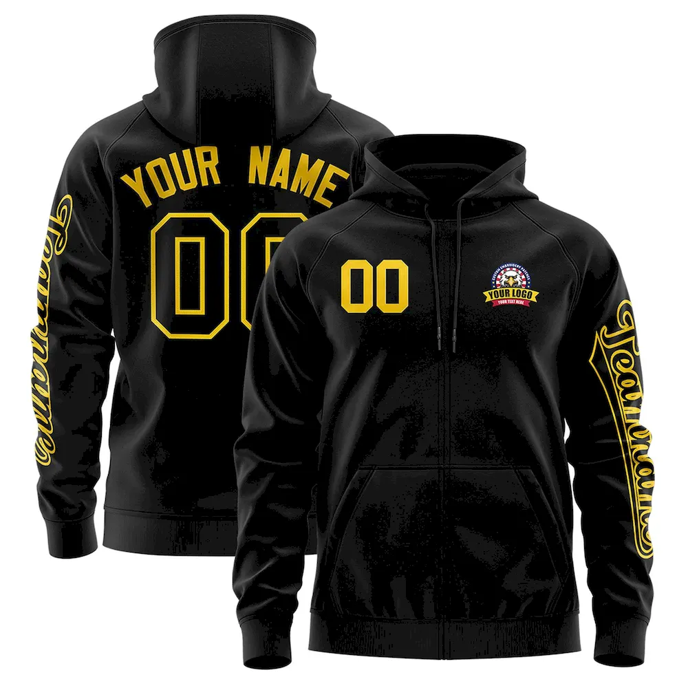 Custom Black Gold Varsity Full-Zip Letterman Classic Jacket Hoodie