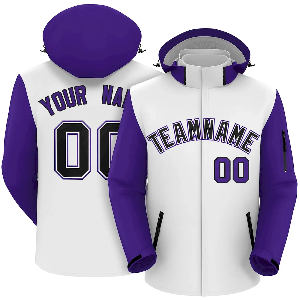 Custom White Purple-Black Raglan Sleeves Waterproof Jacket