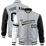 Custom Silver Black-White Varsity Full-Zip Raglan Sleeves Stripe Letterman Bomber Jacket