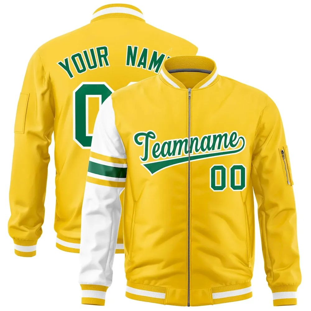 Custom Fluorescent Green White Varsity Full-Zip Raglan Sleeves Stripe Letterman Bomber Jacket