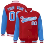 Custom Red Powder Blue-White Raglan Sleeves Varsity Full-Snap Letterman Jacket