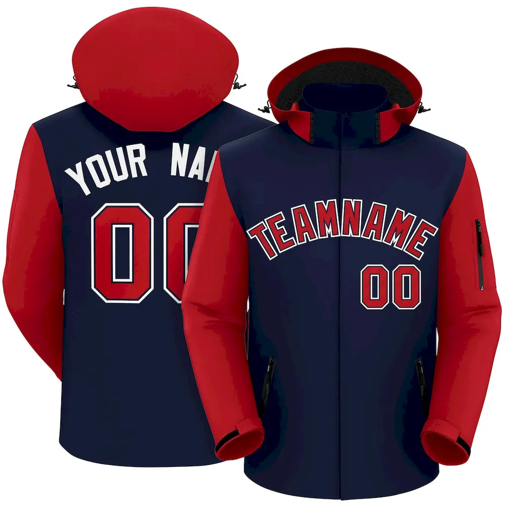 Custom Navy Red-White Raglan Sleeves Waterproof Jacket