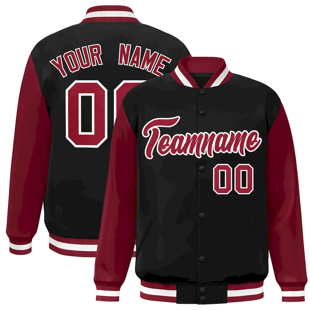 Custom Black Crimson-White Raglan Sleeves Varsity Full-Snap Letterman Jacket