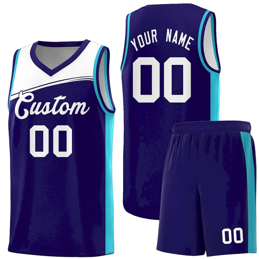 Custom White Navy Color Block Sports Uniform Basketball Jersey