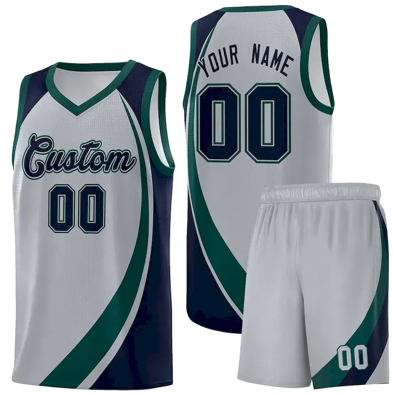 Custom Gray Midnight Green-Navy Color Block Sports Uniform Basketball Jersey