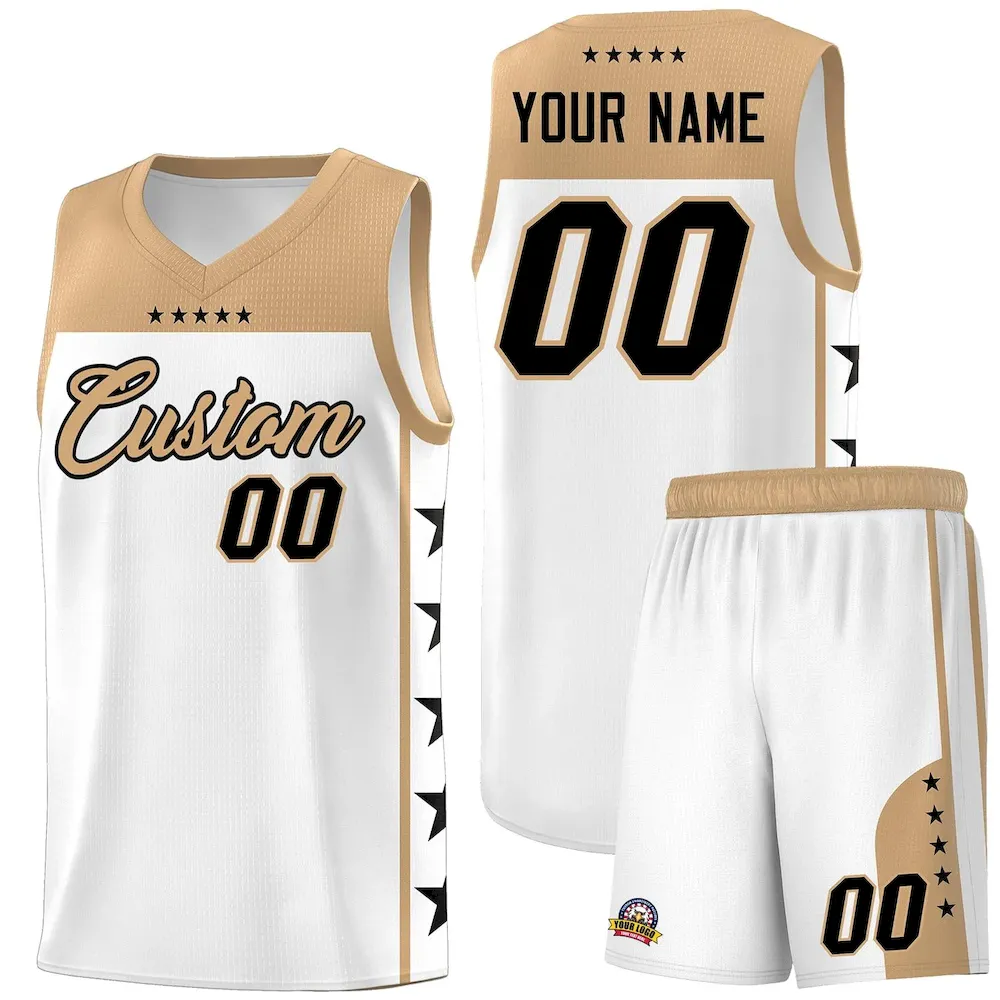 Custom White Old Gold Personalized Star Pattern Sports Uniform Basketball Jersey