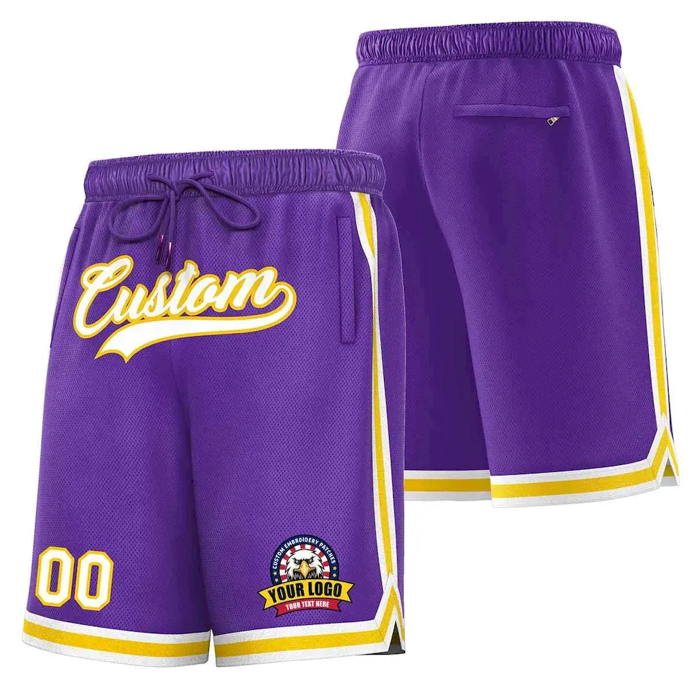 Custom Purple White-Gold Classic Style Basketball Mesh Shorts
