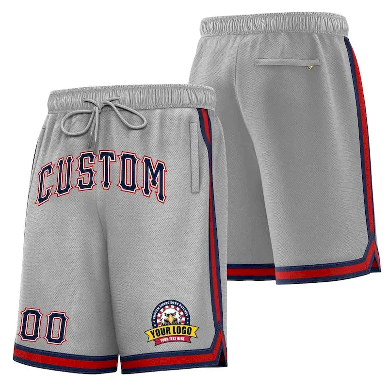 Custom Gray Navy-Red Classic Style Basketball Mesh Shorts