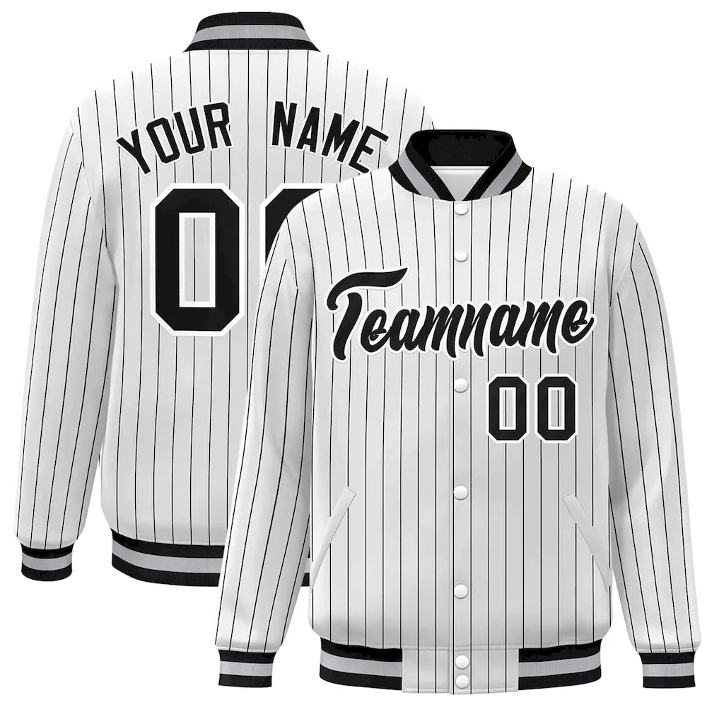 Custom White Black-White Personalized Stripe Fashion Letterman Bomber Varsity Jacket