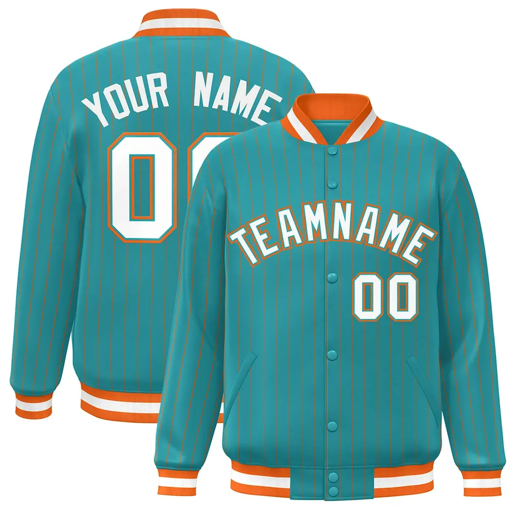 Custom Aqua White-Orange Personalized Stripe Fashion Bomber Baseball Jacket