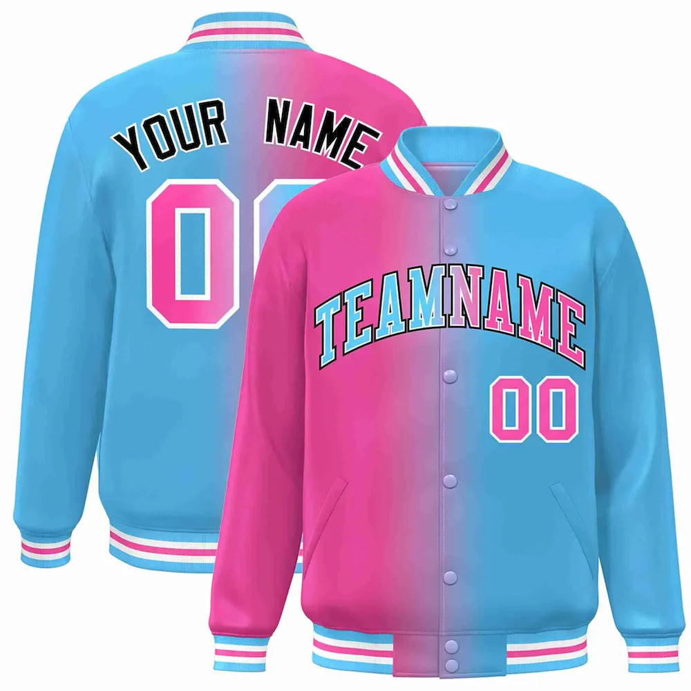 Custom Pink Powder Blue-Black Gradient Fashion Letterman Bomber Varsity Jacket