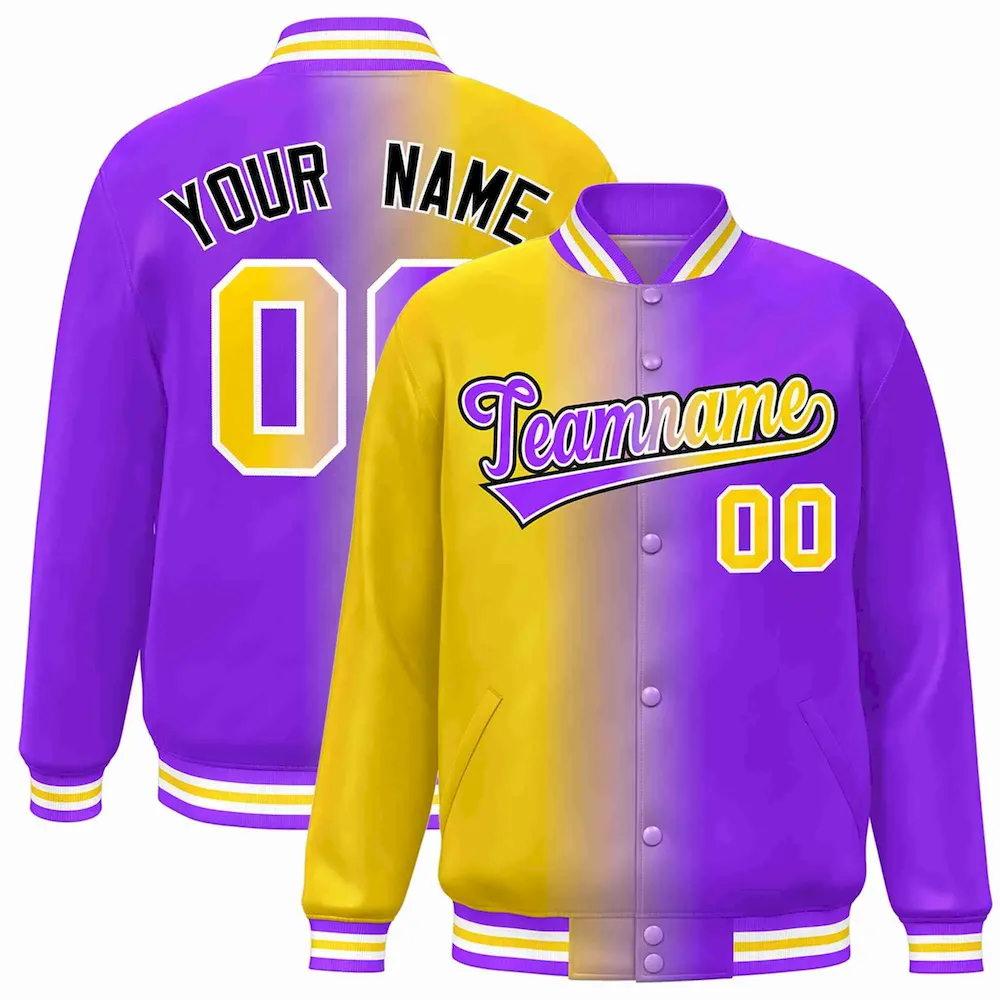 Custom Yellow Purple-White Gradient Fashion Letterman Bomber Varsity Jacket