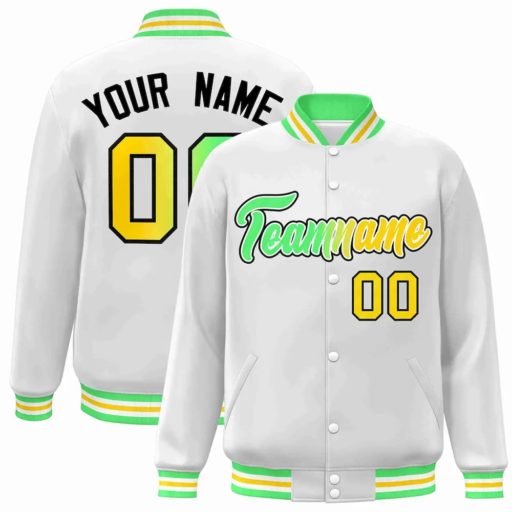 Custom White Green-White Gradient Fashion Letterman Bomber Varsity Jacket