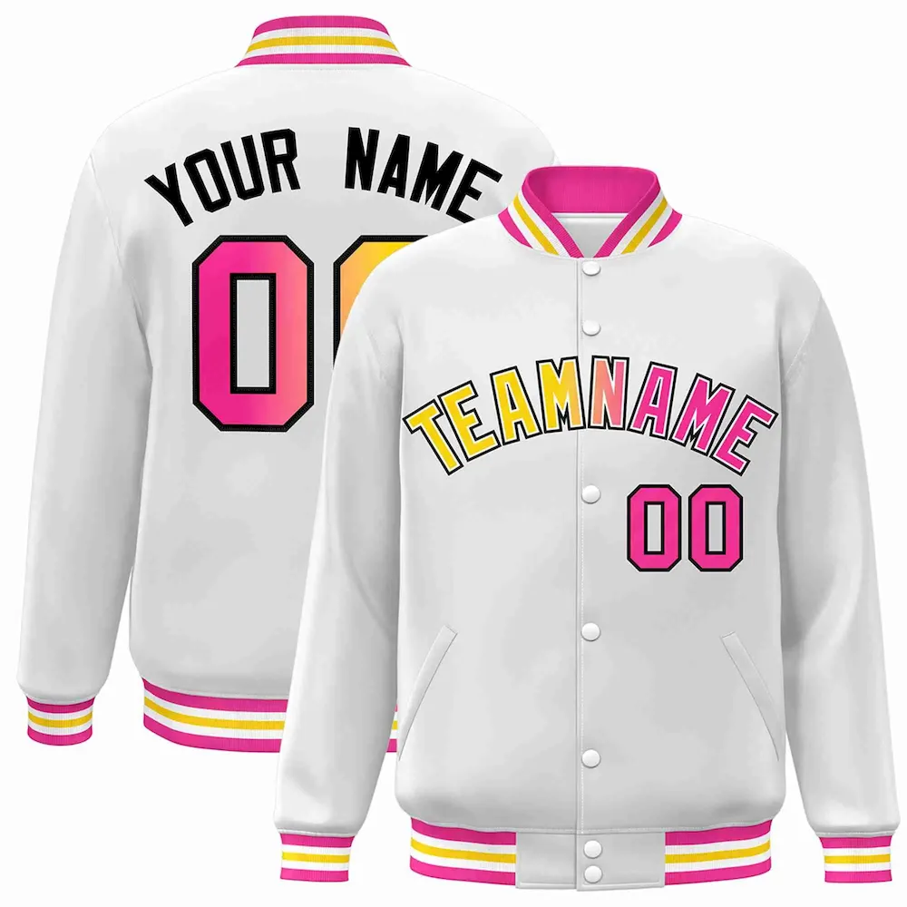 Custom White Yellow-White Gradient Fashion Letterman Bomber Varsity Jacket