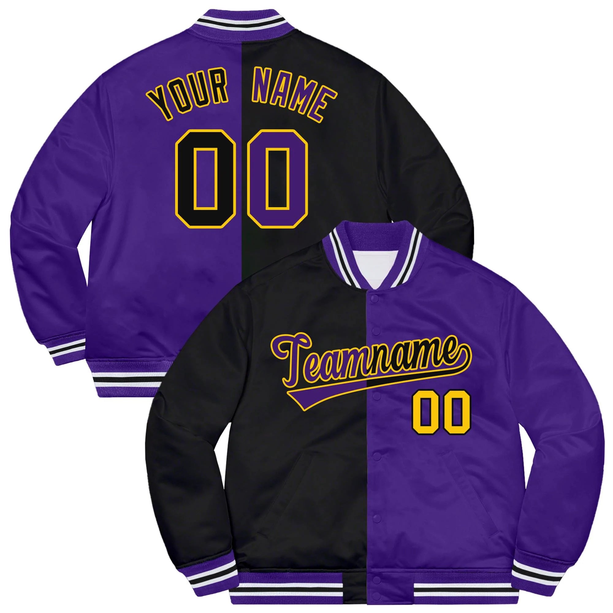 Custom Gold Black-Purple Letterman Two Tone Split Fashion Bomber Varsity Jacket