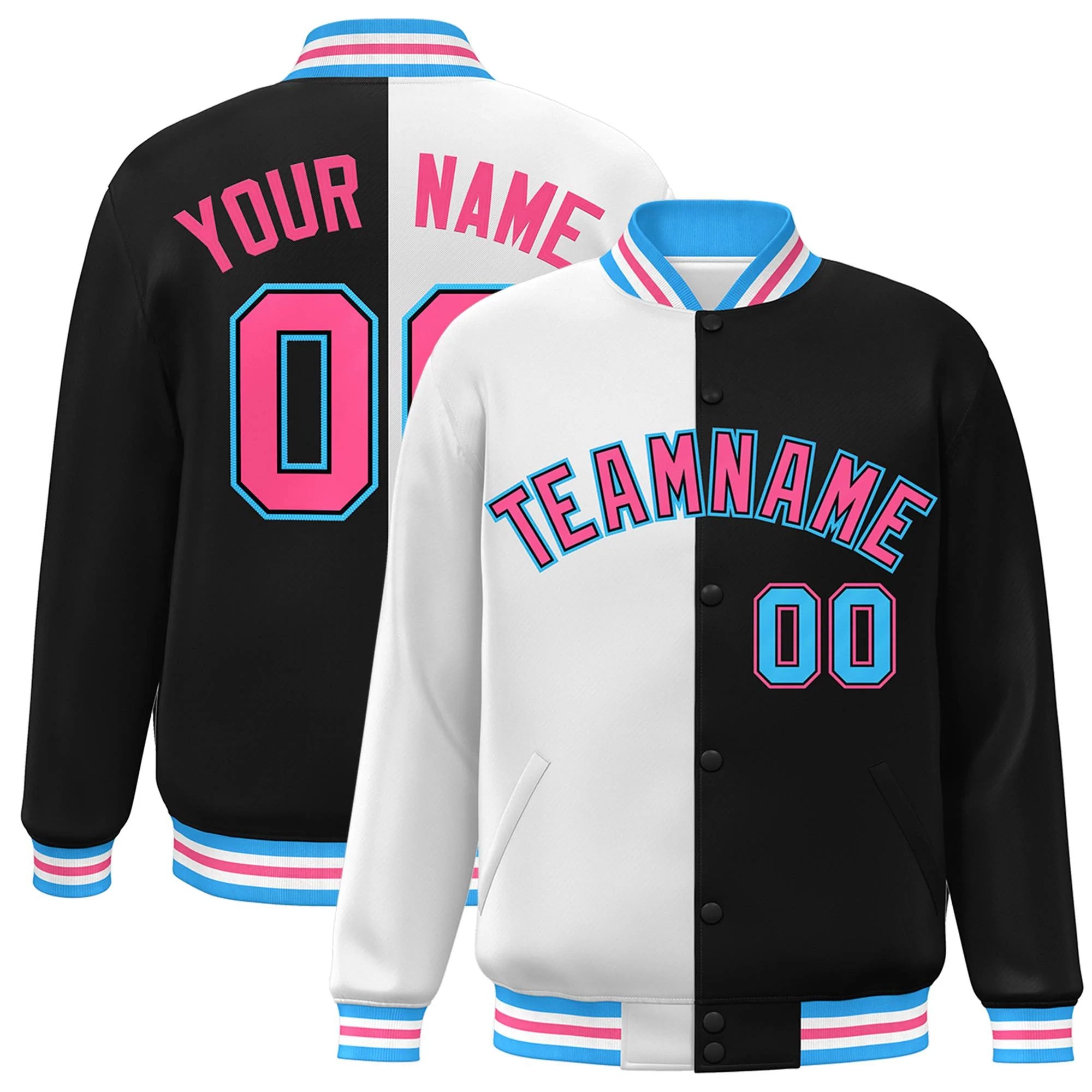 Custom Black Red-White Letterman Two Tone Split Fashion Varsity Full-Snap Jacket
